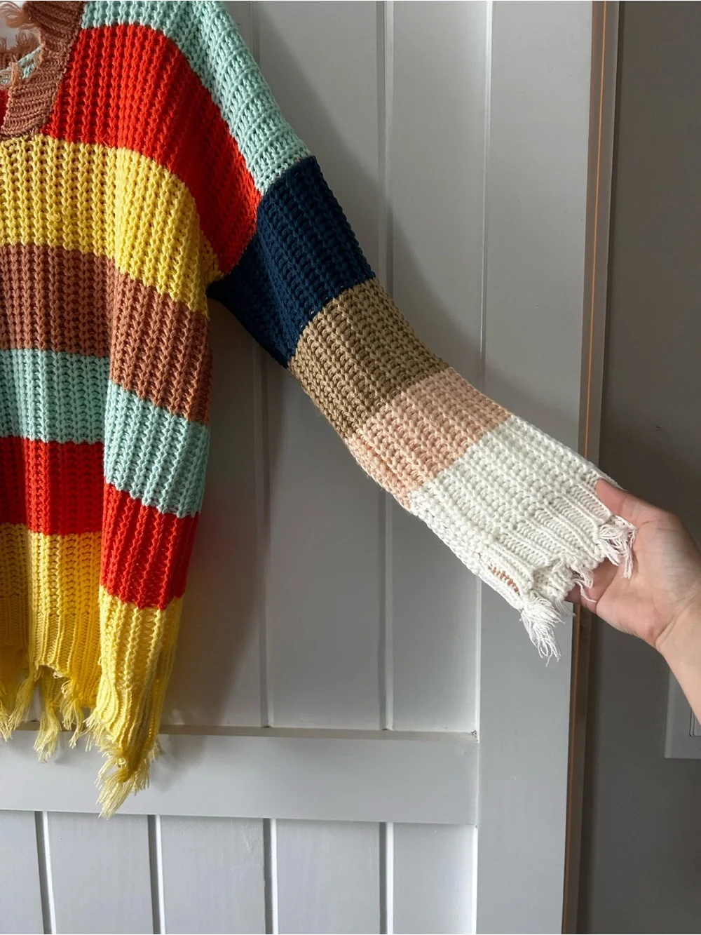 Distressed Multi-Color Stripe V-Neck Sweater - Picture 4 of 5